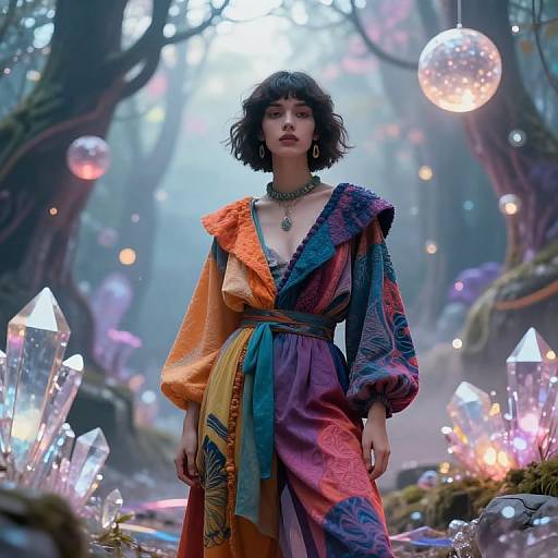 Digital art of a short-haired woman in a colorful, patterned robe, surrounded by glowing crystals and floating orbs in a mystical forest.