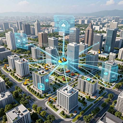 Aerial CGI of a bustling cityscape with glowing blue holographic interfaces superimposed over skyscrapers, roads, and greenery, radiating