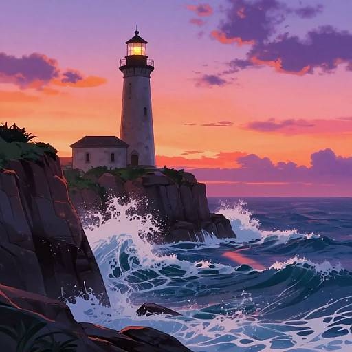 Digital illustration of a tall lighthouse on a rocky cliff at sunset, with vibrant orange and purple skies, crashing ocean waves, and a small building beside