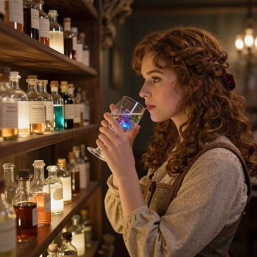 Curly-haired woman with fair skin, wearing vintage attire, sips blue-lit glass in dimly lit, wooden-shelved liquor store.