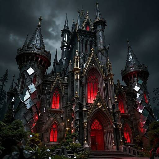 Photograph of a Gothic-style castle at night, featuring dark stone architecture, red glowing windows, and dramatic, stormy sky. Tall spires and