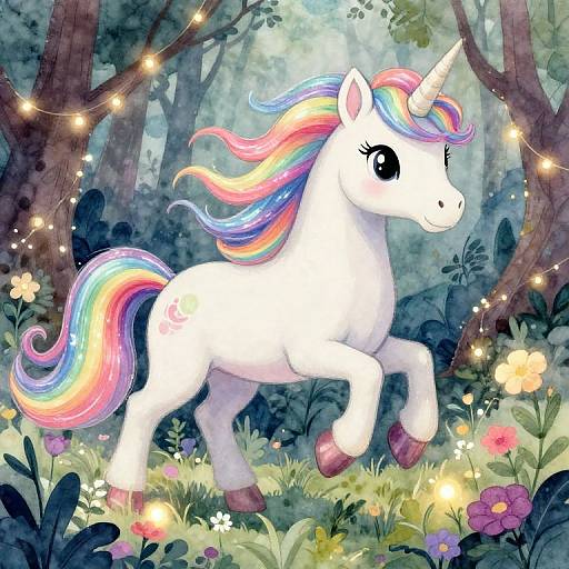 Digital illustration of a white unicorn with a rainbow mane and tail, standing in a magical forest lit by twinkling fairy lights.