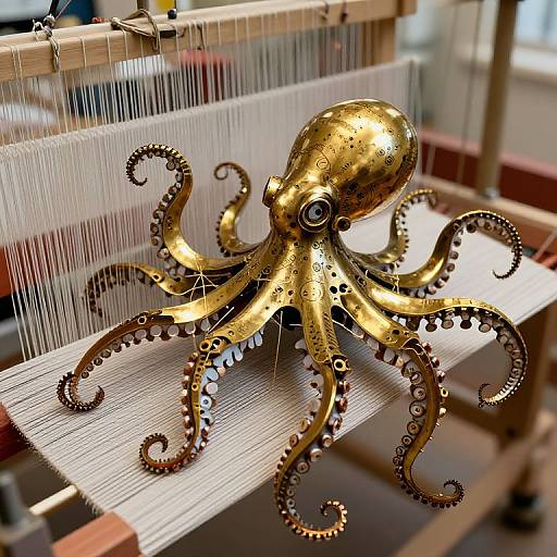 Photograph of a golden, detailed metal octopus with black spots, mounted on a loom with white threads, creating a contrast between traditional weaving and