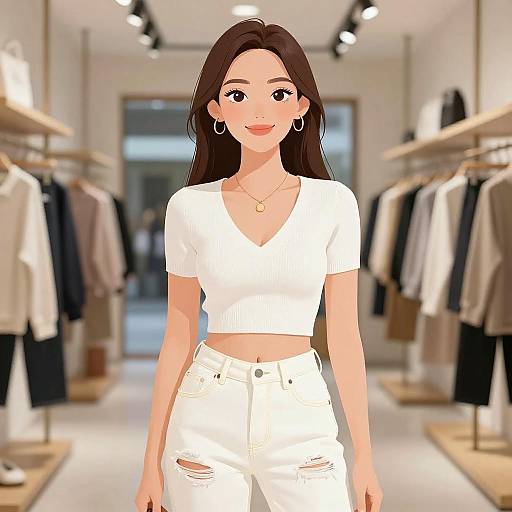 Digital anime-style drawing of a smiling woman with long brown hair, wearing a white crop top and high-waisted white jeans, standing in a brightly