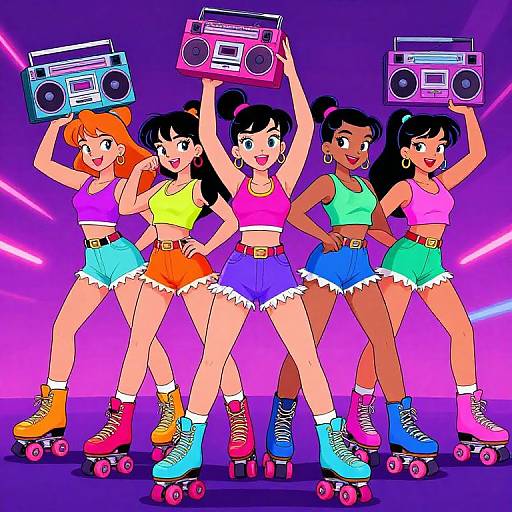 Five vibrant anime-style women in colorful crops and roller skates, holding boomboxes, stand confidently against a neon purple background.