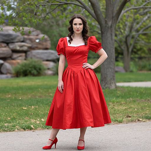 Photograph of a fair-skinned woman with dark wavy hair, wearing a vibrant red 1950s-style dress and red heels, standing confidently