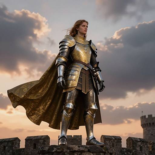 Photograph of a tall, blonde, armored warrior with a flowing golden cape, standing on a stone battlement against a dramatic sunset sky.