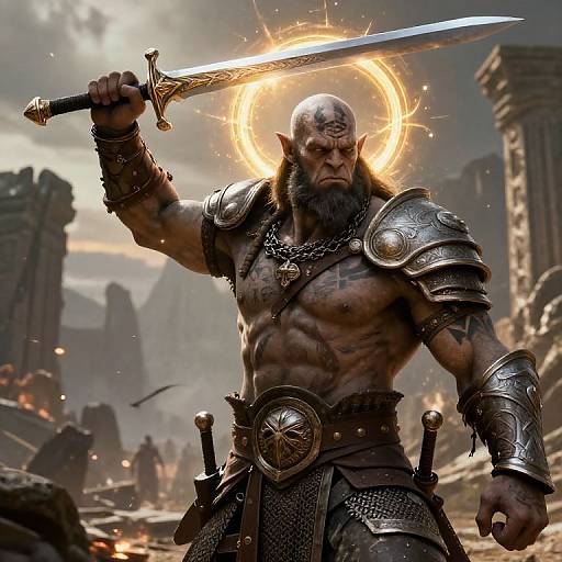 Digital fantasy artwork of a muscular, bald, bearded, elven warrior with glowing halo, holding a sword, armored, in a ruined, fiery