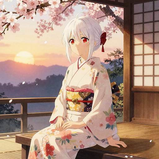 Anime-style drawing of a white-haired girl with red eyes, wearing a floral kimono, sitting on a wooden balcony at sunset.