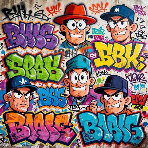 Colorful digital cartoon featuring six angry, graffiti-covered male characters with different hats, each with large 