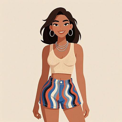 Digital illustration of a smiling woman with dark skin and black hair, wearing a white crop top, multicolored striped shorts, large hoop earrings, and