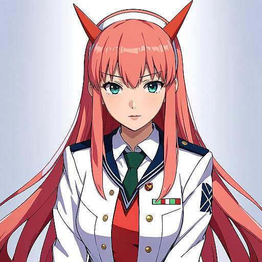 Digital anime-style drawing of a red-haired, blue-eyed girl with red horns, wearing a white military-style uniform with a green tie.