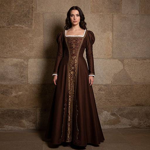 Photograph of a dark-haired woman in a medieval-style, brown, long-sleeved gown with intricate gold embroidery, standing against a textured stone wall