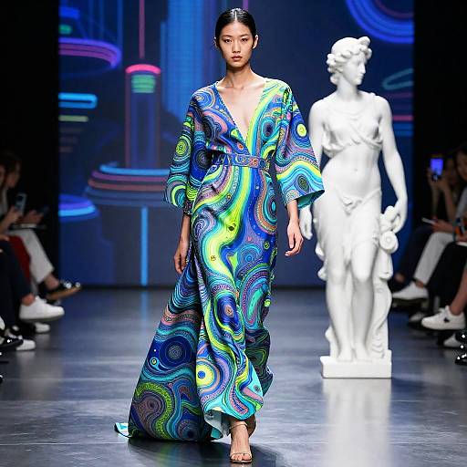 Photograph of Asian female model in vibrant, psychedelic blue-green patterned dress, walking on runway with white classical statue in background.