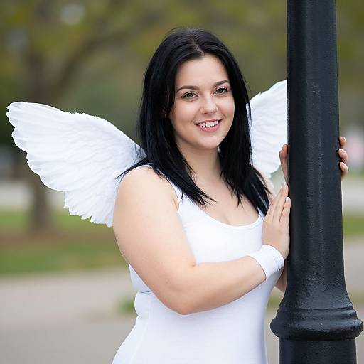 Photograph of a smiling, fair-skinned woman with black hair, wearing white angel wings and a white dress, holding a black lamppost in