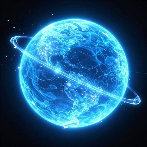 Glowing Fragments Orbit Electric-Blue Planet