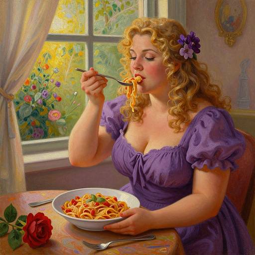 Digital painting of a curly-haired woman in a purple dress, eating spaghetti at a sunlit window with floral curtains.