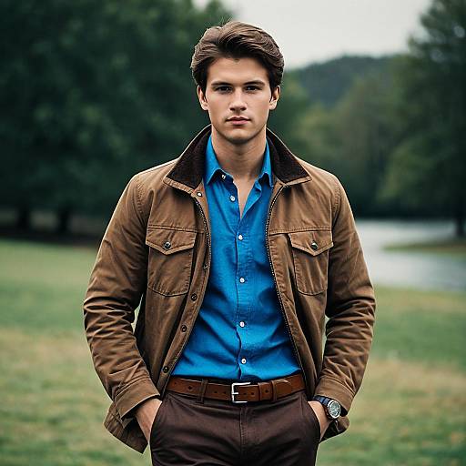Young man in brown jacket and blue shirt outdoors