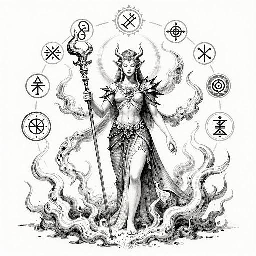 Black-and-white ink drawing of a horned, magical woman with flowing robes, holding a staff, surrounded by swirling flames and mystical symbols.
