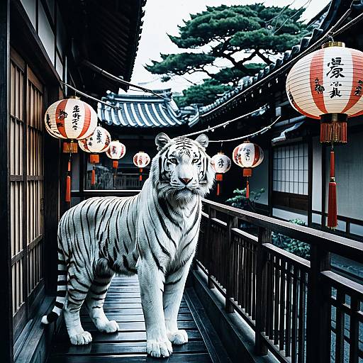 Majestic White Tiger on Balcony in Kyoto
