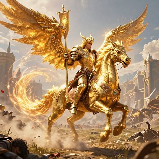 Golden Dragonborn Paladin on Celestial Steed