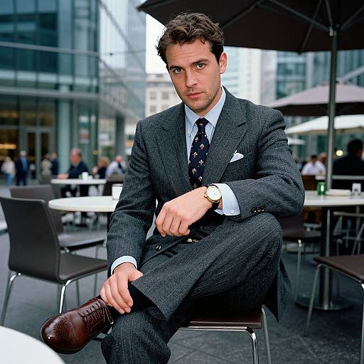 Photograph of a handsome, dark-haired man in a dark gray pinstripe suit, black tie with white polka dots, sitting on a chair