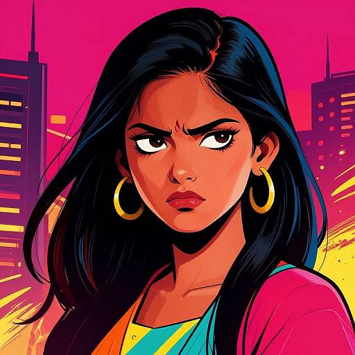 Digital comic-style portrait of a fierce young woman with long black hair, gold hoop earrings, and red lips, set against a vibrant pink and yellow urban