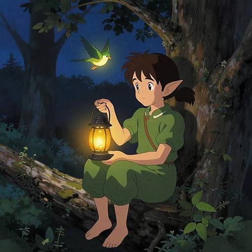 Digital anime-style illustration of a young elf-boy with brown hair, green tunic, and bare feet, holding a glowing lantern, sitting in a dark