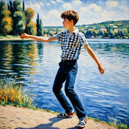 Teenage Boy Dancing by the Lake in Renoir Style