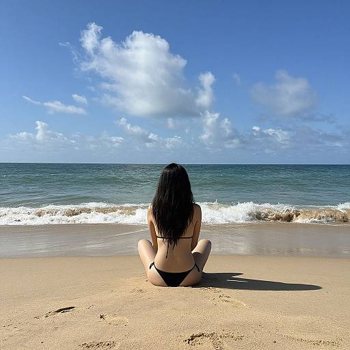 Woman Sitting on Beach Facing Ocean
