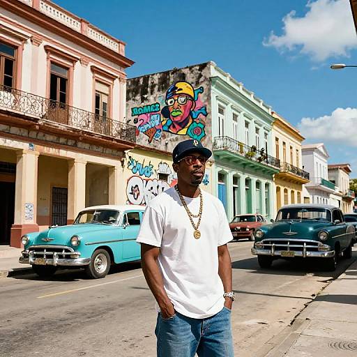 Photograph of a Black man in a white shirt and cap, standing on a sunny street with vintage cars and colorful, graffiti-covered buildings in the background