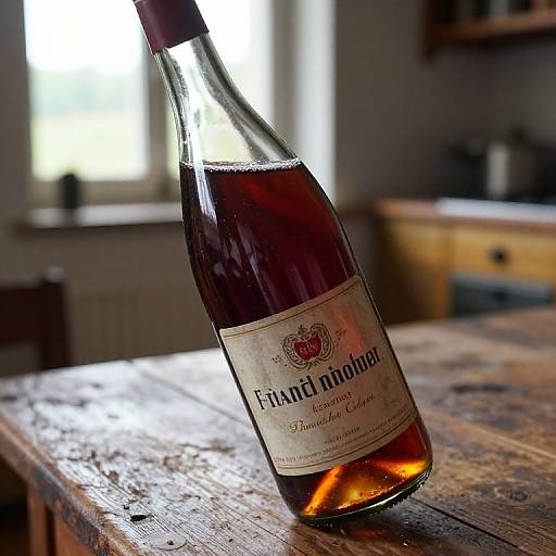 Photograph of a tilted Finlaggan Single Malt Scotch whisky bottle on a rustic wooden table, with sunlight streaming through a window in the blurred background