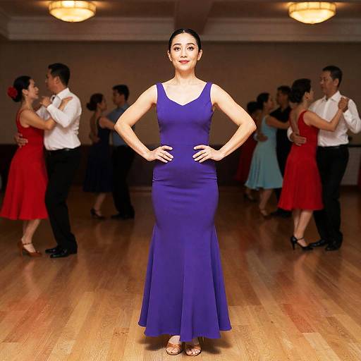 Woman in Purple Dress Standing Confidently in Dance Hall