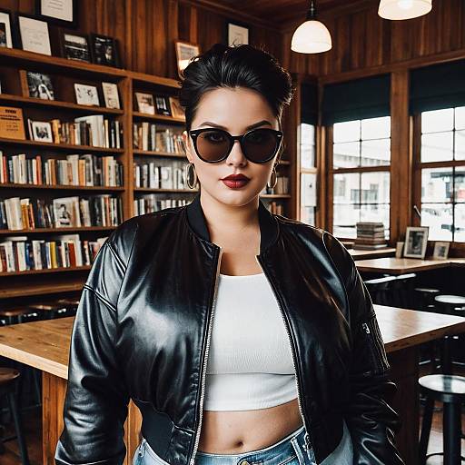 Curvy Woman in Leather Jacket in Bookstore Cafe