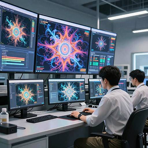 Photograph of two Asian men in white shirts, seated at computer desks, monitoring multiple screens displaying vibrant, colorful cosmic patterns in a modern, brightly lit