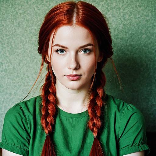 Young Woman with Red Twin Braids in Green Shirt