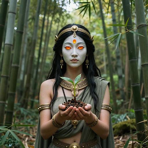 Ix Chel Goddess Holding Seedling in Bamboo Grove