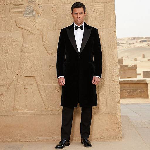 Photograph of a tall, handsome man in a black tuxedo with a bow tie, standing against an ancient Egyptian stone relief. Background includes sandy