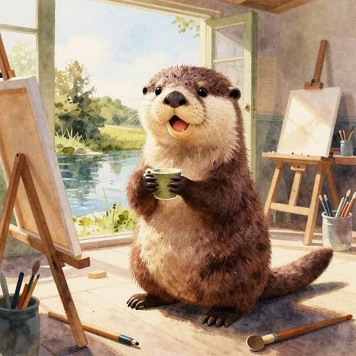Cheerful Otter Painting in Studio