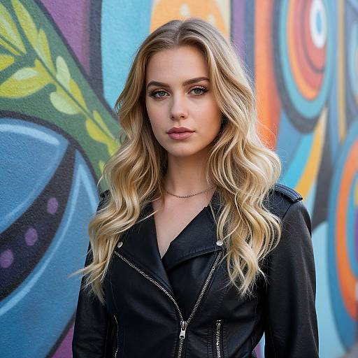 Photograph of a blonde, fair-skinned woman with wavy hair, wearing a black zip-up jacket, standing against a colorful, graffiti-covered wall