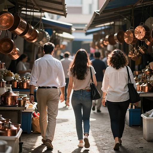 Sunlit Bustling Market with Copper Pots