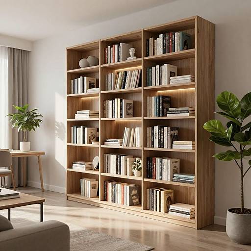 Photograph of a modern, wooden bookshelf with nine shelves filled with books, decorative items, and plants in a sunlit living room.