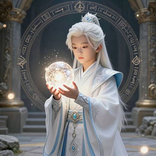 Digital artwork of a young, white-haired, fair-skinned mage in white, ornate robes holding a glowing, magical orb in an ancient, circular