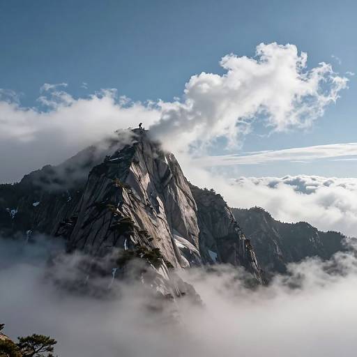 Photograph of a towering mountain peak shrouded in mist, with a small figure standing at the summit, set against a bright blue sky and scattered