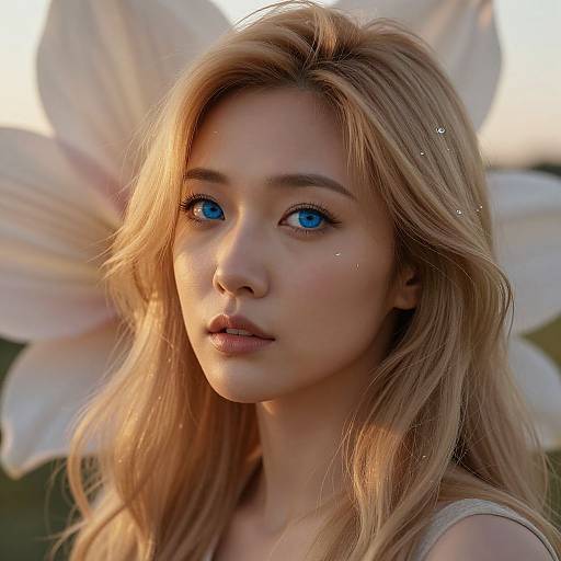 Photograph of a blonde woman with striking blue eyes, wearing a light-colored top, standing in front of large white lilies, bathed in warm