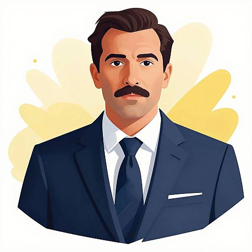 Digital illustration of a handsome, fair-skinned man with dark brown hair and a mustache, wearing a navy suit, white shirt, and black tie