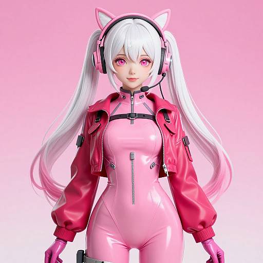 Digital anime-style illustration of a white-haired girl with pink cat ears, pink eyes, wearing a red jacket over a tight pink bodysuit, pink