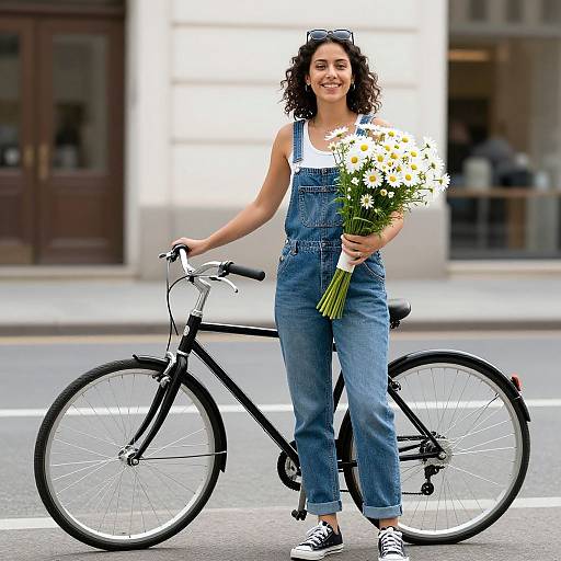 Photograph of a smiling woman with curly dark hair, wearing blue denim overalls, white tank top, and black sneakers, holding a bouquet of d