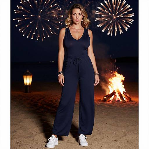 Photograph of a blonde woman with wavy hair, wearing a black sleeveless romper and white sneakers, standing on a sandy beach at night with