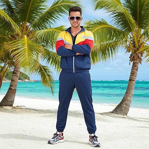 Photograph of a smiling, muscular man in a colorful sports jacket and tracksuit, standing on a tropical beach with palm trees and turquoise water in the
